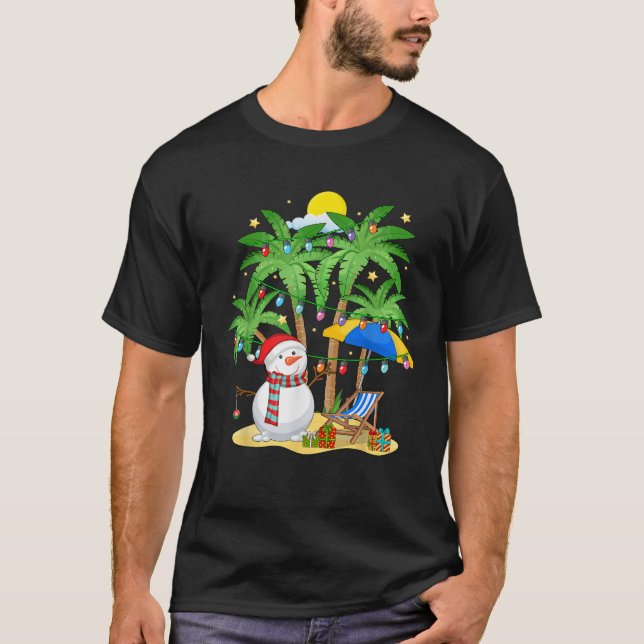 Christmas in July Snowman on Palm Tree Tropical Be T-Shirt (Front)