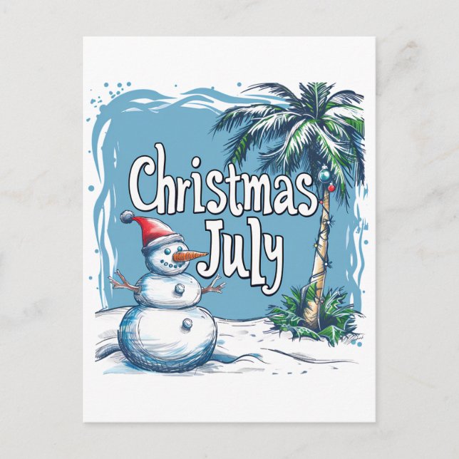 Christmas in July Snowman & Palm Tree Design Postcard (Front)