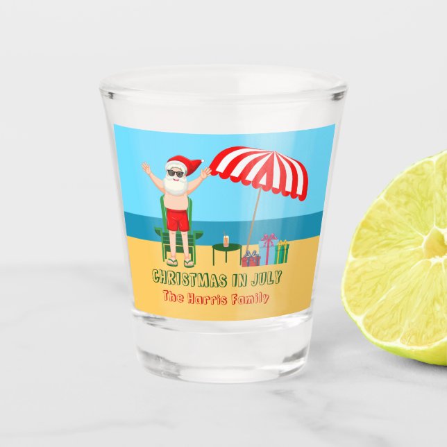 Christmas in July Summer Santa Claus Beach Party Shot Glass (Front)