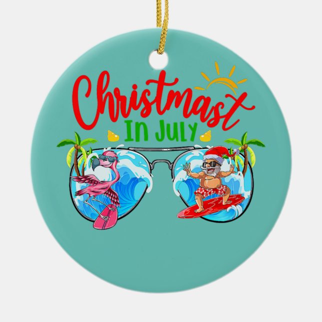 Christmas In July Sunglasses Santa Surfer Summer Ceramic Ornament (Front)