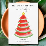 Christmas in July Watermelon  Holiday Card<br><div class="desc">Are you planning a Christmas in July celebration this year?
These fun Christmas in July cards are decorated with a red watercolor watermelon Christmas tree.
Because we create our artwork you won't find this exact image from other designers.
Original Watercolor © Michele Davies.</div>