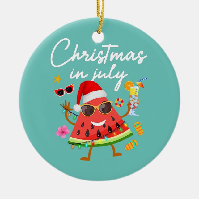 Christmas in July Watermelon Summer Vacation Ceramic Ornament (Front)