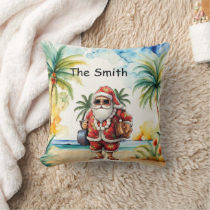 Christmas in July with Santa at Beach Throw Pillow