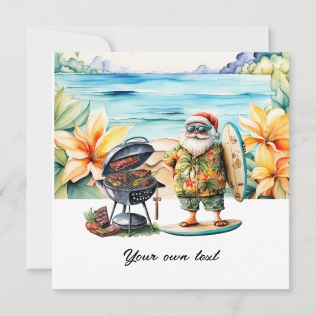 Christmas in July with Santa at the beach  Holiday Card (Front)