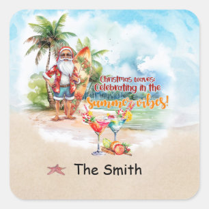 Christmas in July with Santa Claus at he beach Square Sticker
