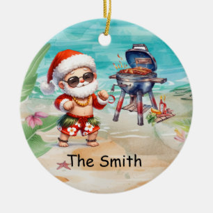 Christmas in July with SANTA CLAUS at the beach Ceramic Ornament