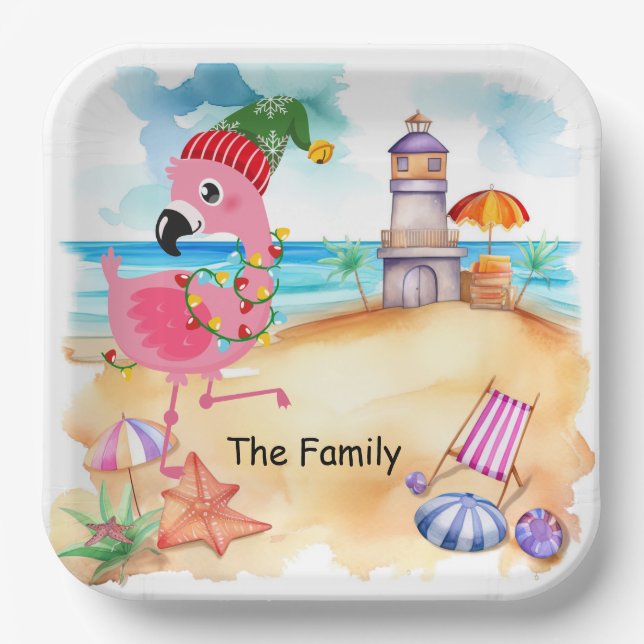 Christmas in July with SANTA flamingo Paper Plate (Front)