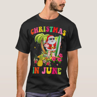 Christmas In June Funny Santa Flamingo Summer Vaca T-Shirt
