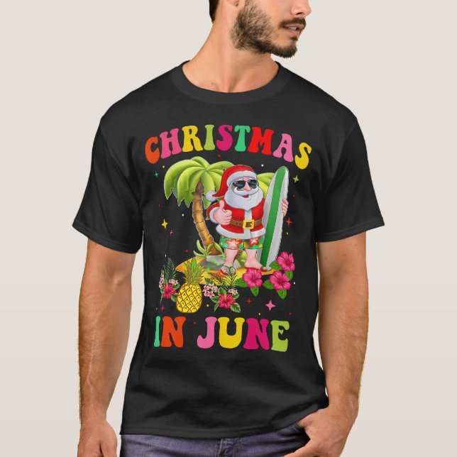 Christmas In June Funny Santa Flamingo Summer Vaca T-Shirt (Front)