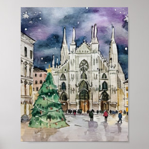 Christmas in Milan Italy Watercolor Poster