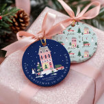 Christmas In New Home Cute Town & Pink Retro Van Ornament<br><div class="desc">The Perfect ornament keepsake for new couples, newlyweds, and families celebrating their first Christmas in their new home. Our vintage holiday design features a fun vintage town scenery and landscape. Every little detail is captured in this quaint little neighbourhood. Features Pink houses decked out in festive decorations, pink snow covered...</div>
