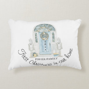 Christmas In Our New Home Watercolor Blue Door  Accent Pillow