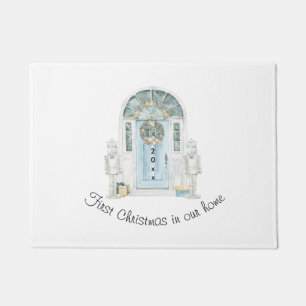 Christmas In Our New Home Watercolor Blue Door  Doormat