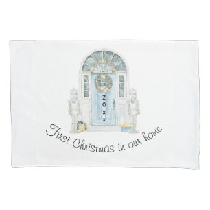 Christmas In Our New Home Watercolor Blue Door  Pillowcase