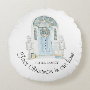 Christmas In Our New Home Watercolor Blue Door  Round Pillow