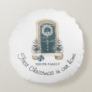 Christmas In Our New Home Watercolor Sage Green Round Pillow