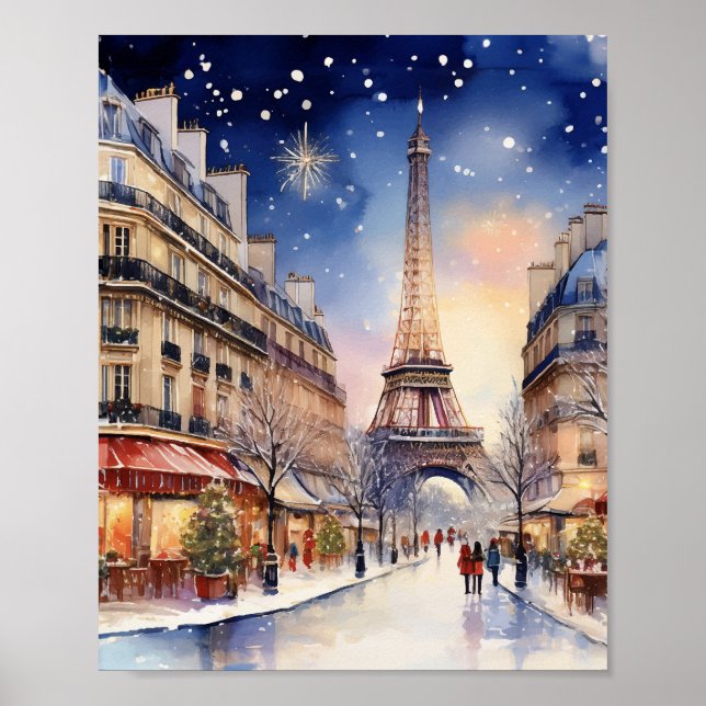 Christmas in Paris Eiffel Tower Watercolor Poster (Front)