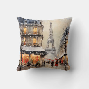 Christmas in Paris, snowing, Throw Pillow