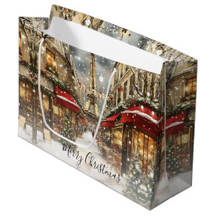 Christmas in Paris Vintage Holiday Street Scene Large Gift Bag