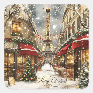 Christmas in Paris Vintage Holiday Street Scene Square Sticker