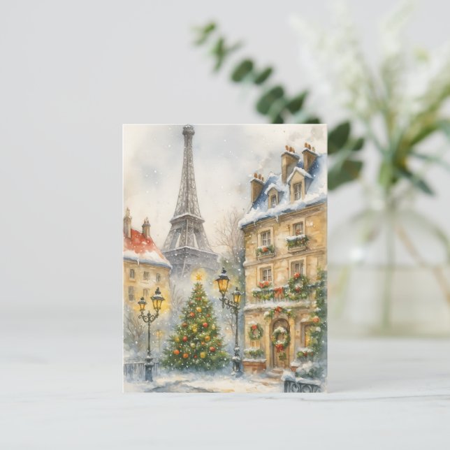 Christmas in Paris Watercolor Eiffel Tower Scene Postcard (Standing Front)