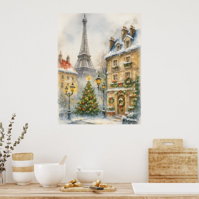Christmas in Paris Watercolor Eiffel Tower Scene Poster (Kitchen)
