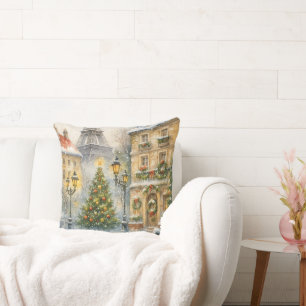 Christmas in Paris Watercolor Eiffel Tower Scene Throw Pillow
