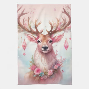 Christmas in pink: reindeer with pink Christmas Kitchen Towel