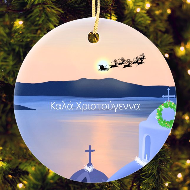 Christmas In Santorini, Greece With Santa  Ceramic Ornament (Creator Uploaded)