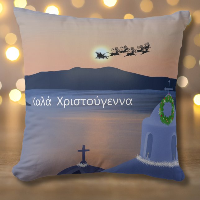 Christmas In Santorini, Greece With Santa Throw Pillow (Creator Uploaded)