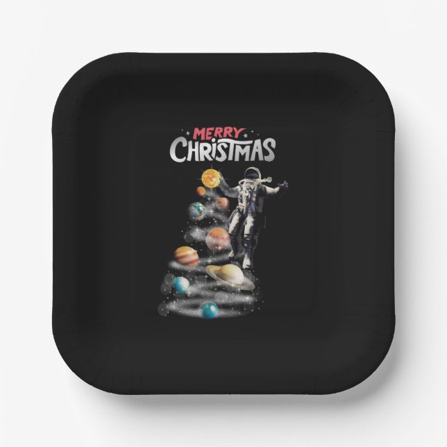 Christmas in Space Solar System Astronaut Invitati Paper Plate (Front)
