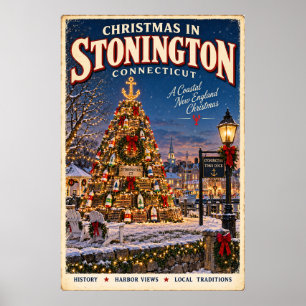Christmas in Stonington Connecticut Vintage Travel Poster