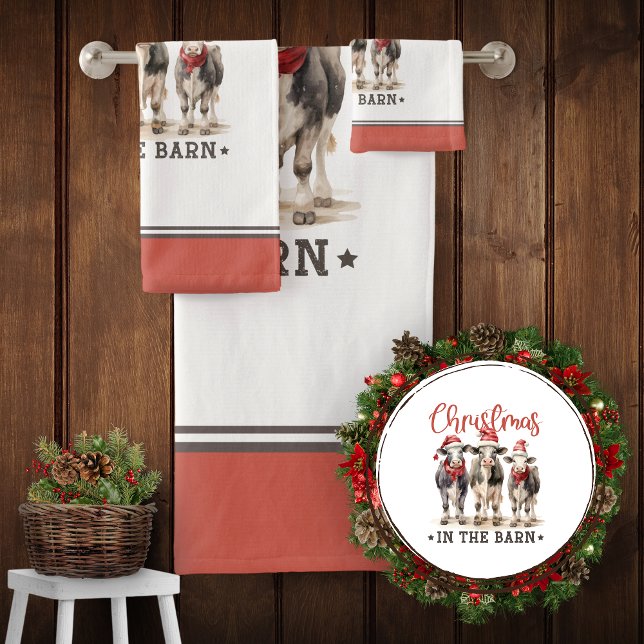 Christmas in the Barn Rustic Cows in Santa Hats Bath Towel Set (Creator Uploaded)