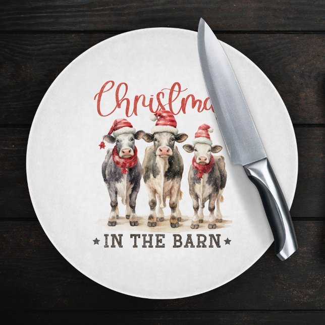 Christmas in the Barn Rustic Cows in Santa Hats Cutting Board (Creator Uploaded)