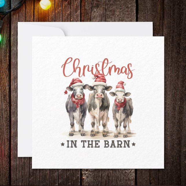 Christmas in the Barn Rustic Cows in Santa Hats Holiday Card (Creator Uploaded)