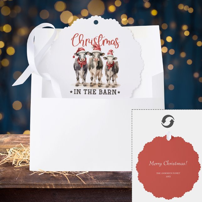 Christmas in the Barn Rustic Cows in Santa Hats Ornament Card (Creator Uploaded)