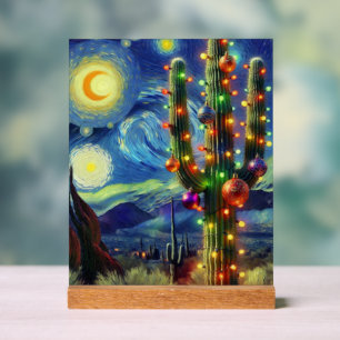 Christmas in the Desert Saguaro Cactus Blue Green Acrylic Sign