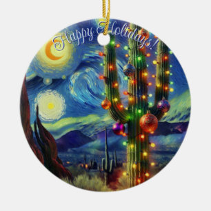 Christmas in the Desert Saguaro Cactus Blue Green Ceramic Ornament