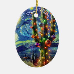 Christmas in the Desert Saguaro Cactus Blue Green Ceramic Ornament