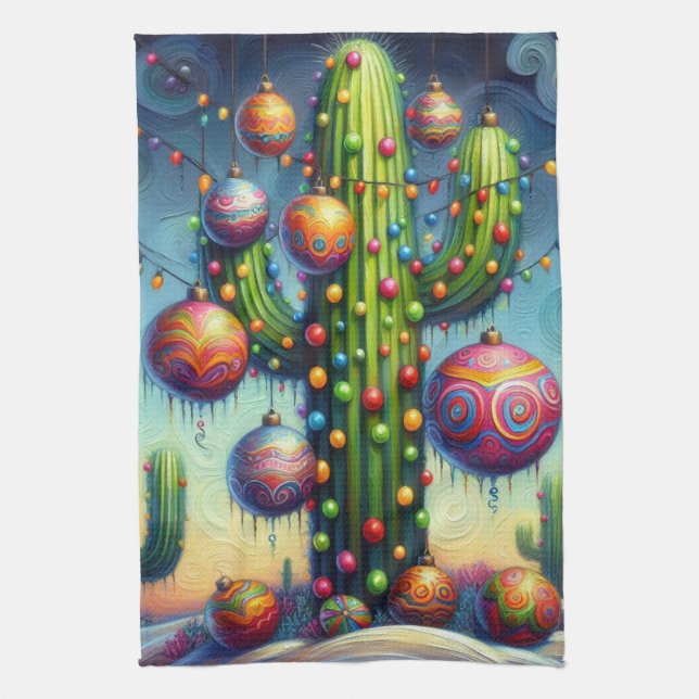 Christmas in the Desert Southwest Saguaro Cactus Kitchen Towel (Vertical)