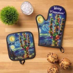 Christmas in the Desert Southwest Saguaro Cactus Oven Mitt & Pot Holder Set