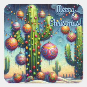Christmas in the Desert Southwest Saguaro Cactus Square Sticker