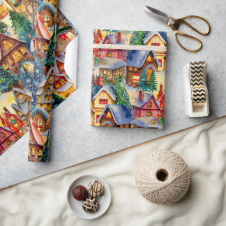 Christmas in Whimsical Village Watercolor Pattern Wrapping Paper