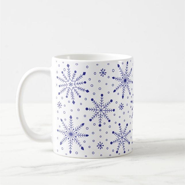 Christmas Inky Snowflake Blue and White Coffee Mug (Left)