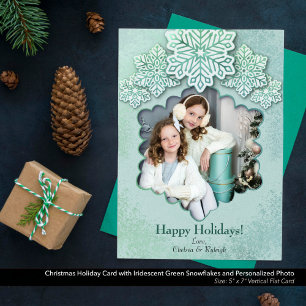 Christmas Iridescent Green Snowflake Photo Holiday Card