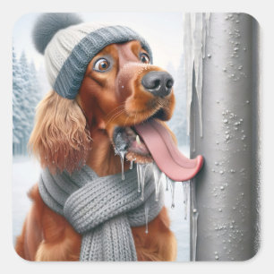 Christmas Irish Setter Dog Licking A Frozen Pole Square Sticker