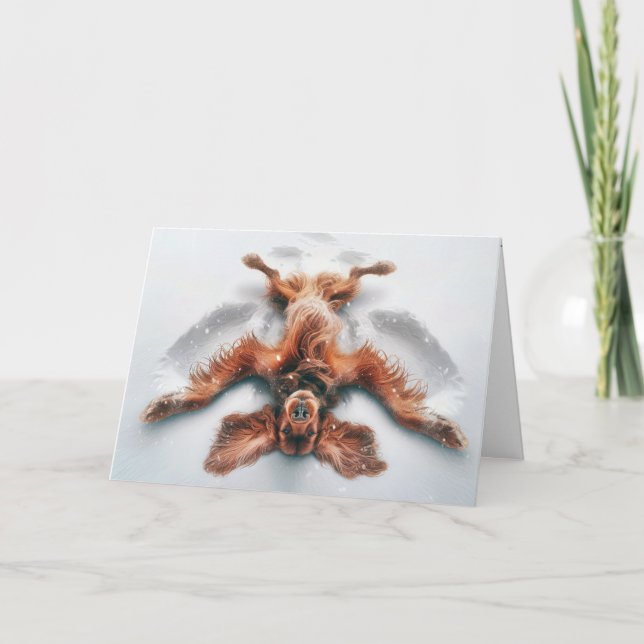 Christmas Irish Setter Making a Snow Angel Holiday Card (Front)