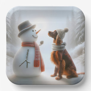 Christmas Irish Setter With Snowman Paper Plate