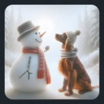 Christmas Irish Setter With Snowman Square Sticker<br><div class="desc">A snowman and an Irish Setter dog both wearing scarves share a moment of companionship in a snowy forest setting</div>