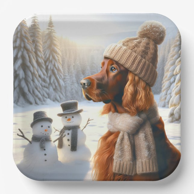 Christmas Irish Setter With Snowmen Paper Plate (Front)